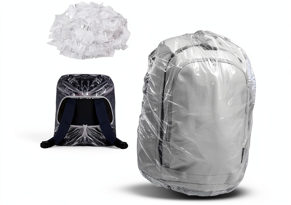 Disposable backpack rain cover being applied to a hiking backpack